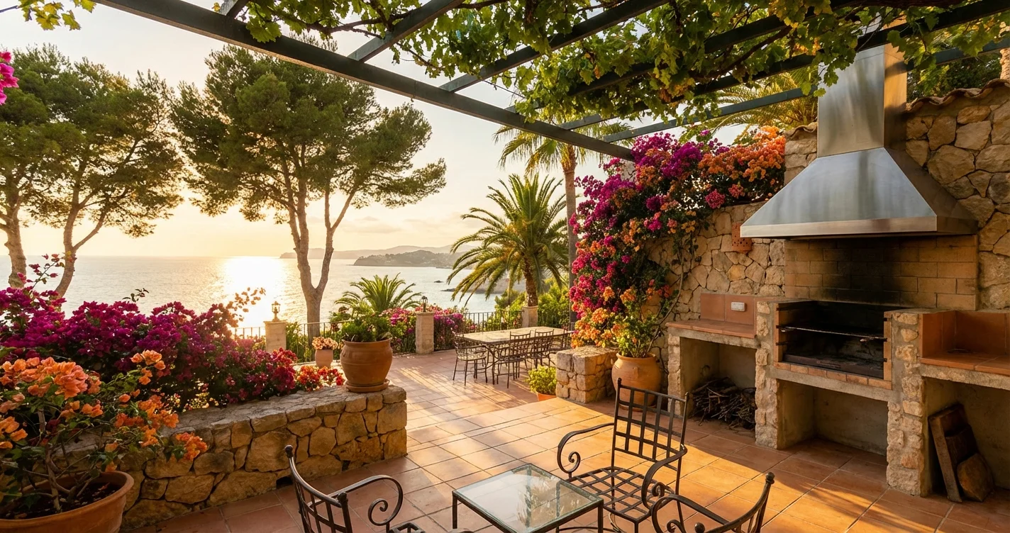 Luxury outdoor terrace with BBQ grill overlooking the Mediterranean Sea on the Costa Blanca