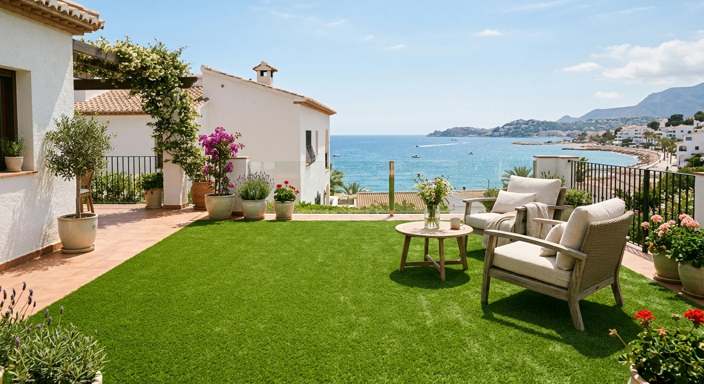 Artificial Grass & Landscaping setup on a Mediterranean terrace in Alfaz del Pi, Costa Blanca