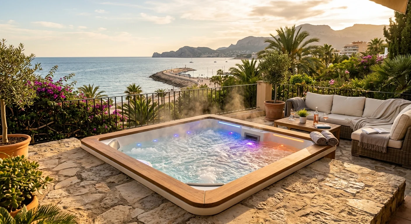 Jacuzzi's opstelling op een mediterraan terras in Alfaz del Pi, Costa Blanca