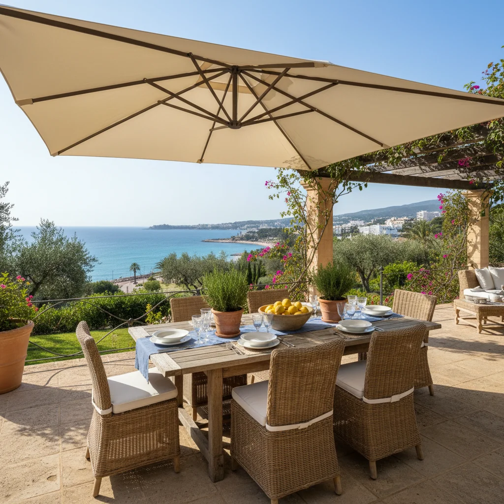 Parasols opstelling op een mediterraan terras in Alfaz del Pi, Costa Blanca