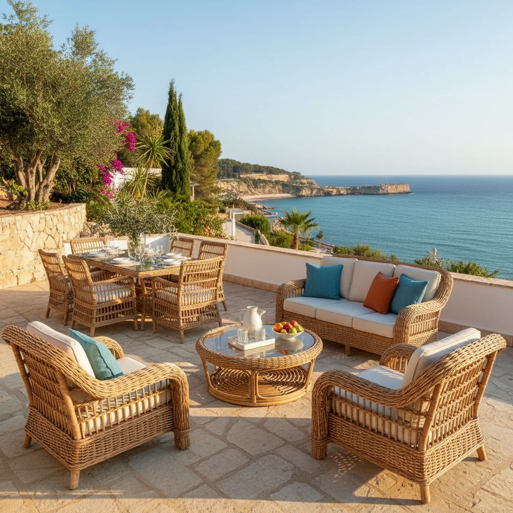 Installation de salons de jardin en rotin sur une terrasse méditerranéenne à Alfaz del Pi, Costa Blanca