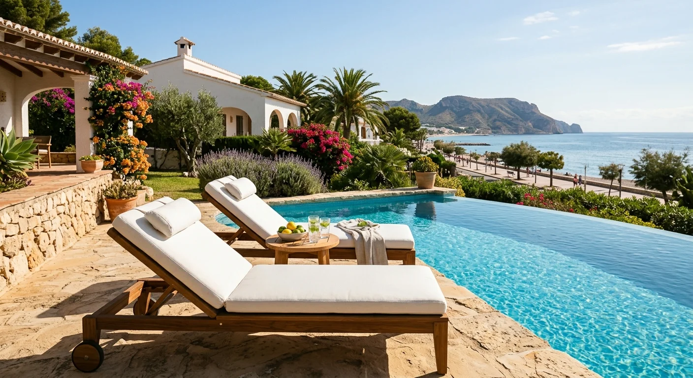 Ligbedden opstelling op een mediterraan terras in Alfaz del Pi, Costa Blanca