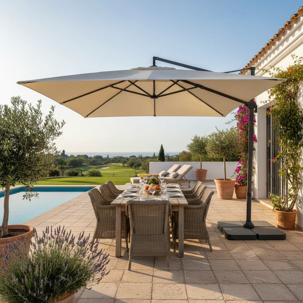 Parasols & Shade Sails setup on a Mediterranean terrace in Algorfa, Costa Blanca