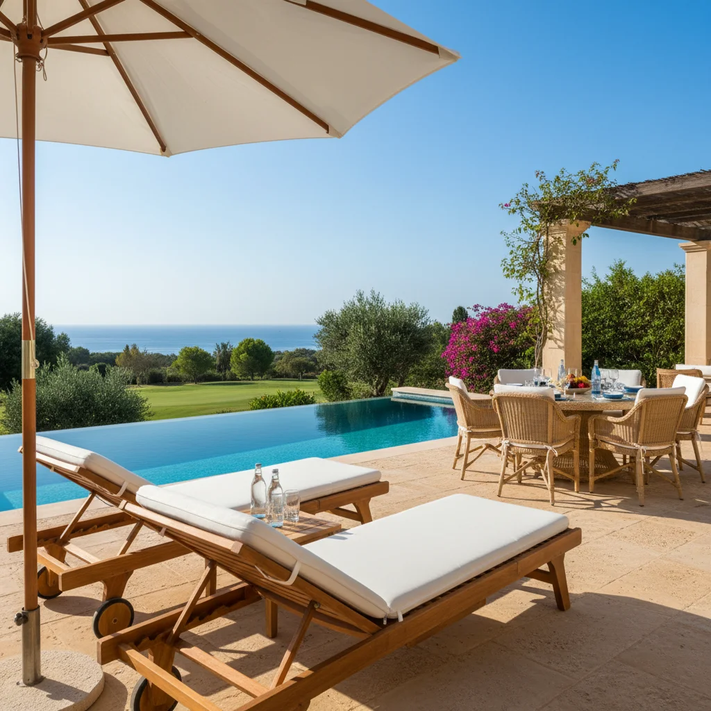 Instalación de tumbonas y daybeds en una terraza mediterránea en Algorfa, Costa Blanca