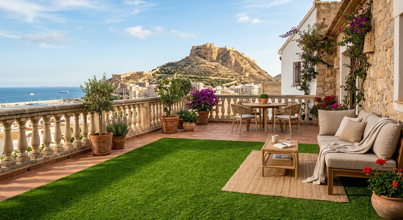 Kunstgras opstelling op een mediterraan terras in Alicante, Costa Blanca