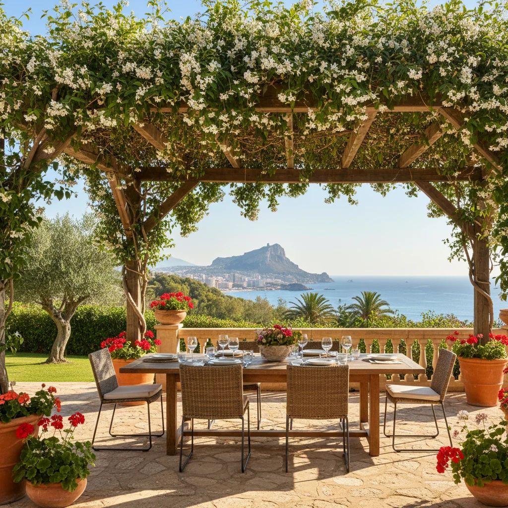 Fixed Pergolas setup on a Mediterranean terrace in Alicante, Costa Blanca