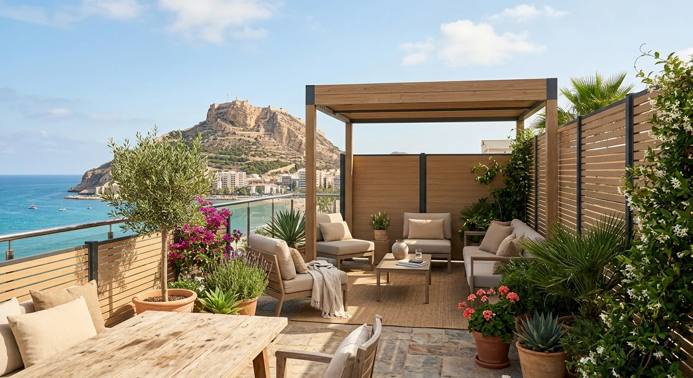 Tuinomheining opstelling op een mediterraan terras in Alicante, Costa Blanca