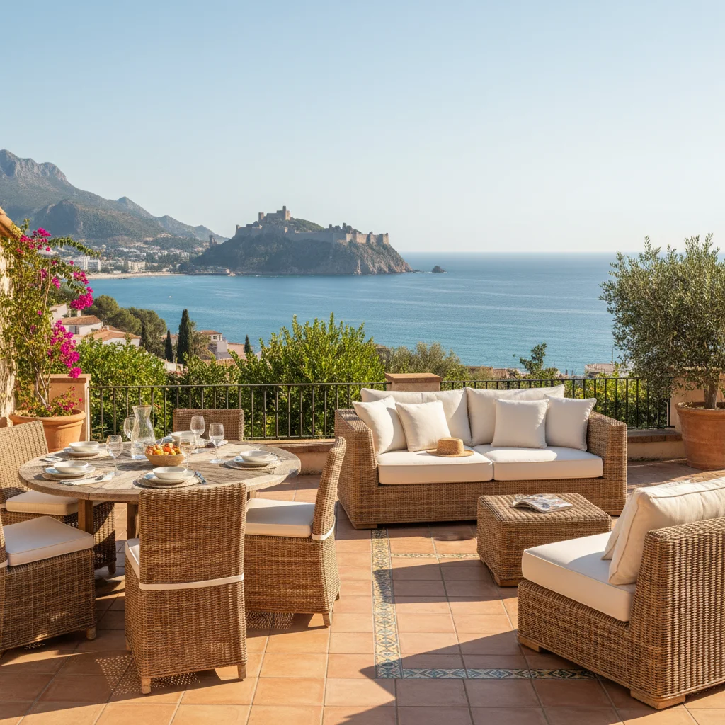 Installation de salons de jardin en rotin sur une terrasse méditerranéenne à Alicante, Costa Blanca