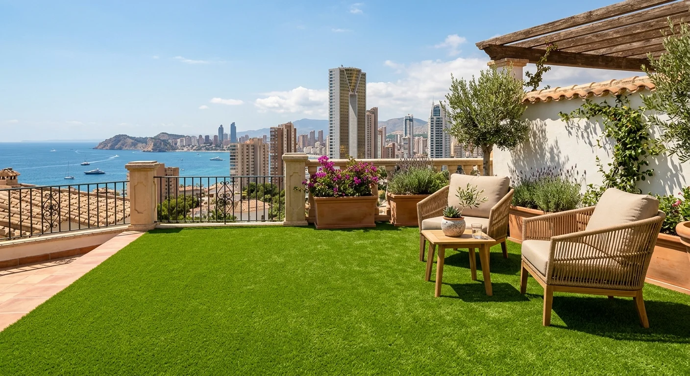 Artificial Grass & Landscaping setup on a Mediterranean terrace in Benidorm, Costa Blanca