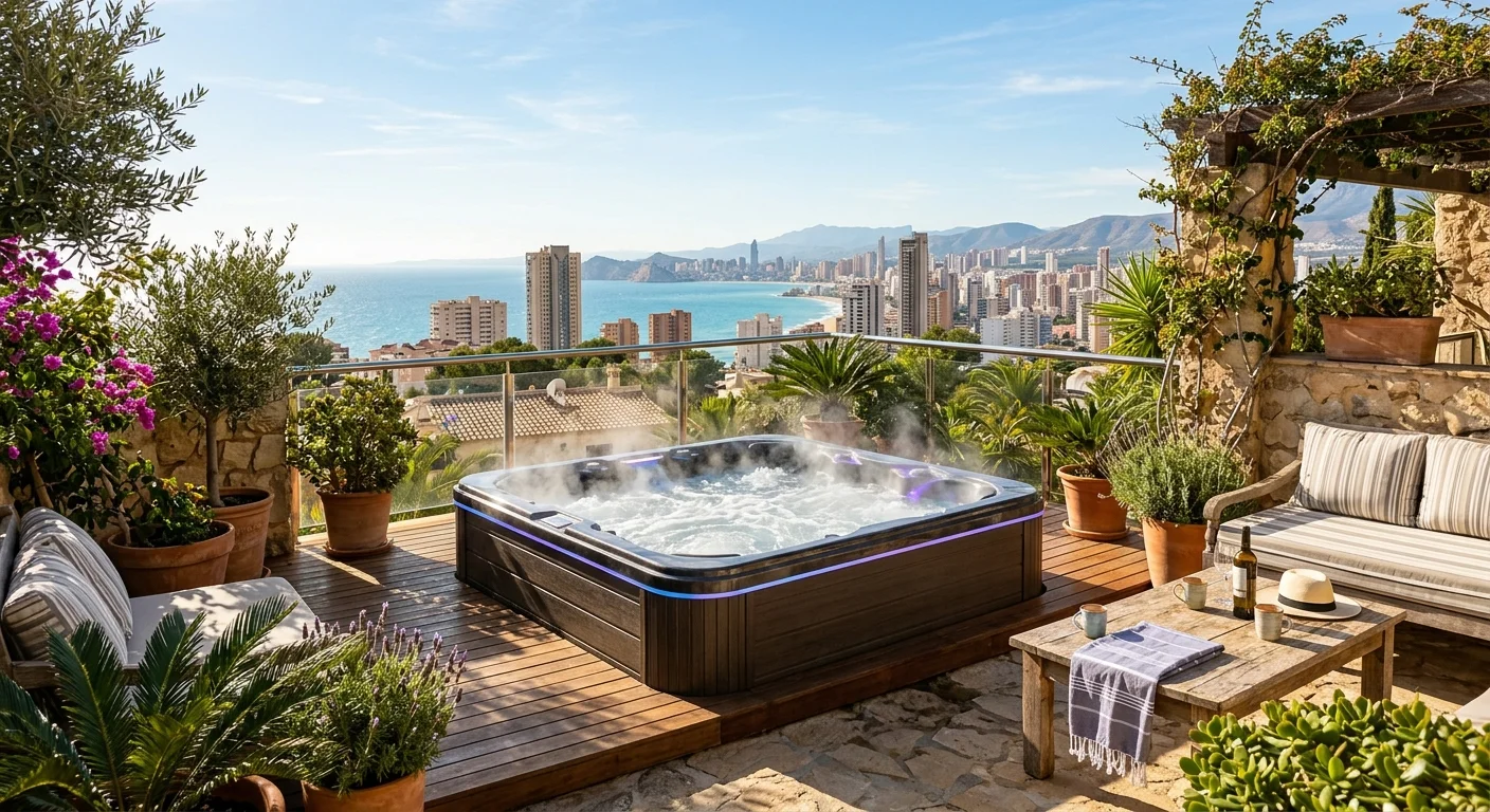 Jacuzzi's opstelling op een mediterraan terras in Benidorm, Costa Blanca