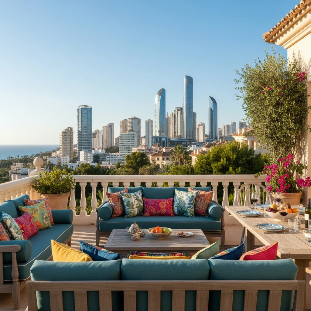 Outdoor Cushions & Textiles setup on a Mediterranean terrace in Benidorm, Costa Blanca