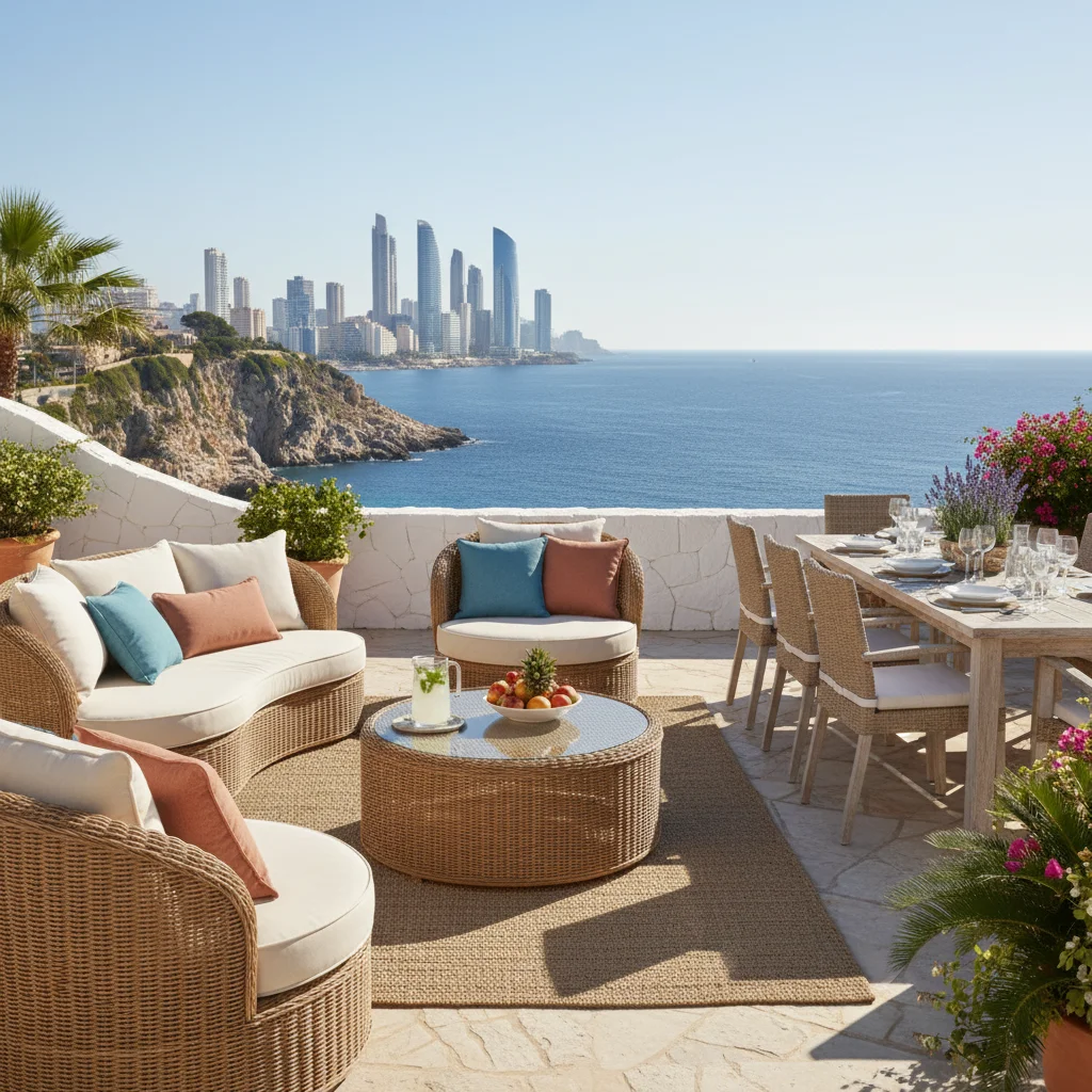 Rattan Lounge Sets setup on a Mediterranean terrace in Benidorm, Costa Blanca