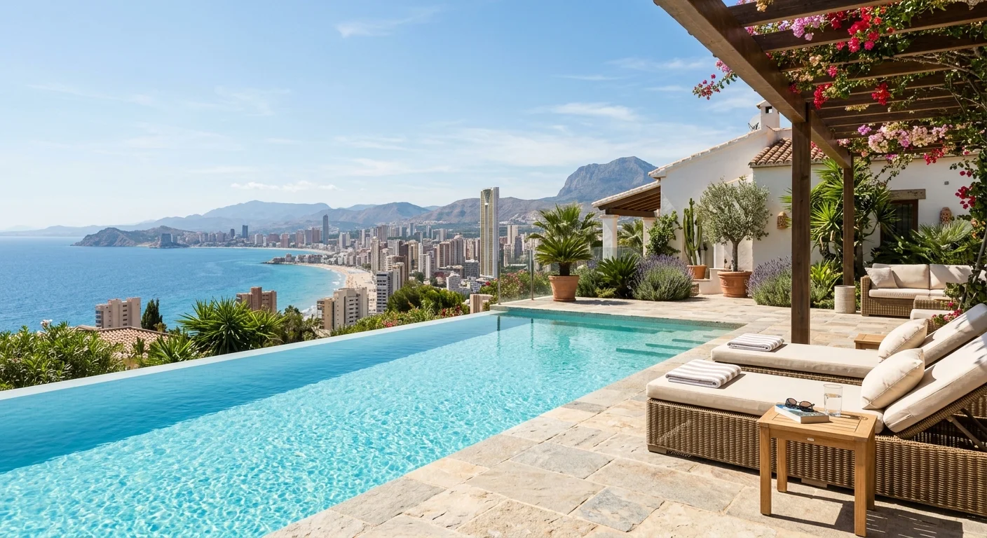 Installation de piscines sur une terrasse méditerranéenne à Benidorm, Costa Blanca