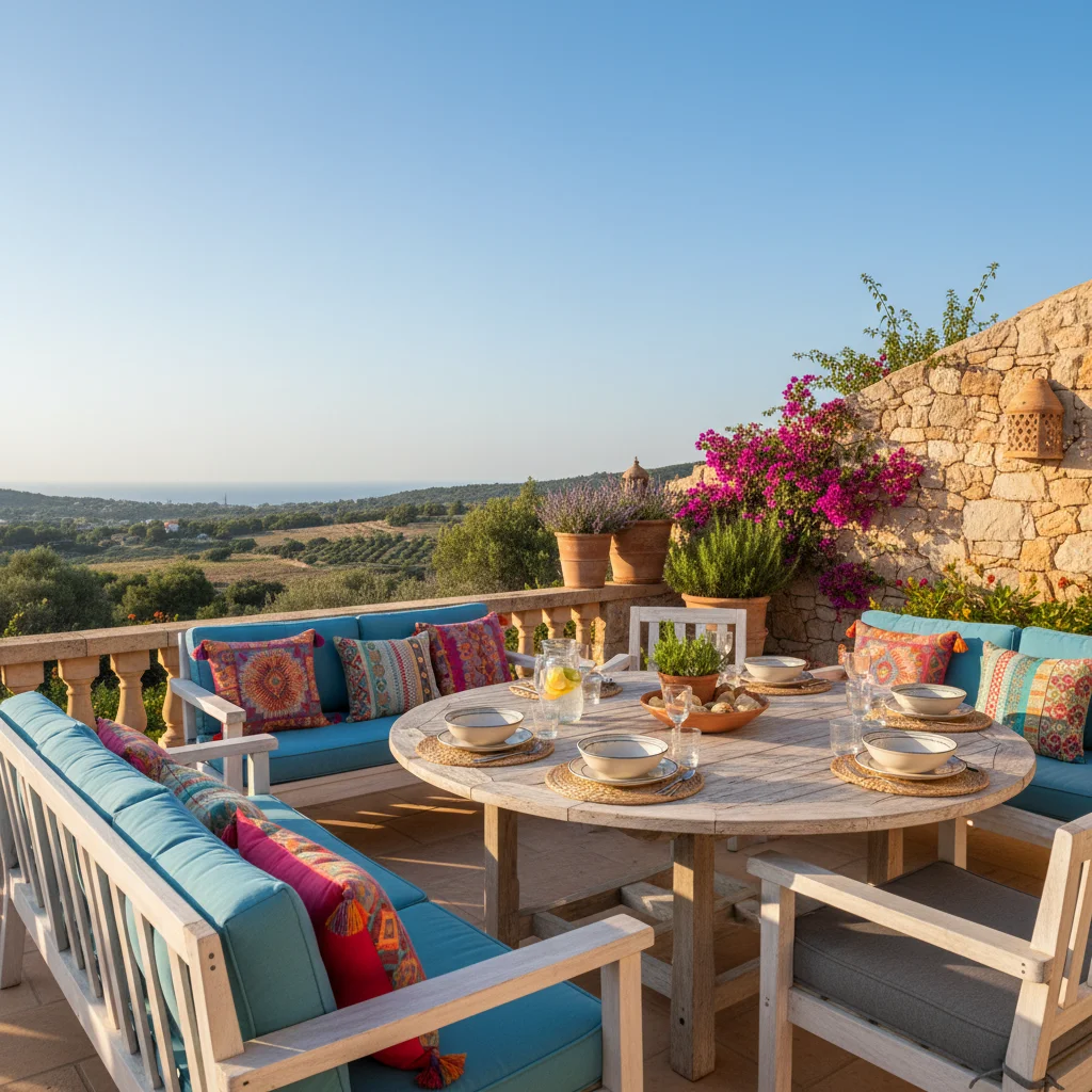 Outdoor Cushions & Textiles setup on a Mediterranean terrace in Benissa, Costa Blanca