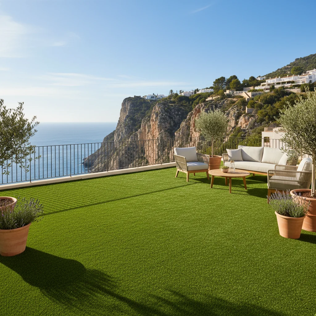 Artificial Grass & Landscaping setup on a Mediterranean terrace in Benitachell, Costa Blanca