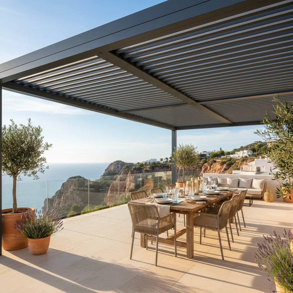 Bioclimatic Pergolas setup on a Mediterranean terrace in Benitachell, Costa Blanca