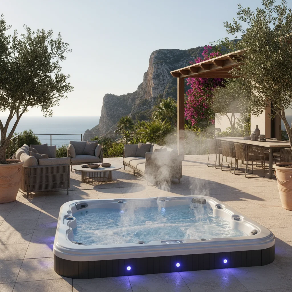 Jacuzzi's opstelling op een mediterraan terras in Benitachell, Costa Blanca