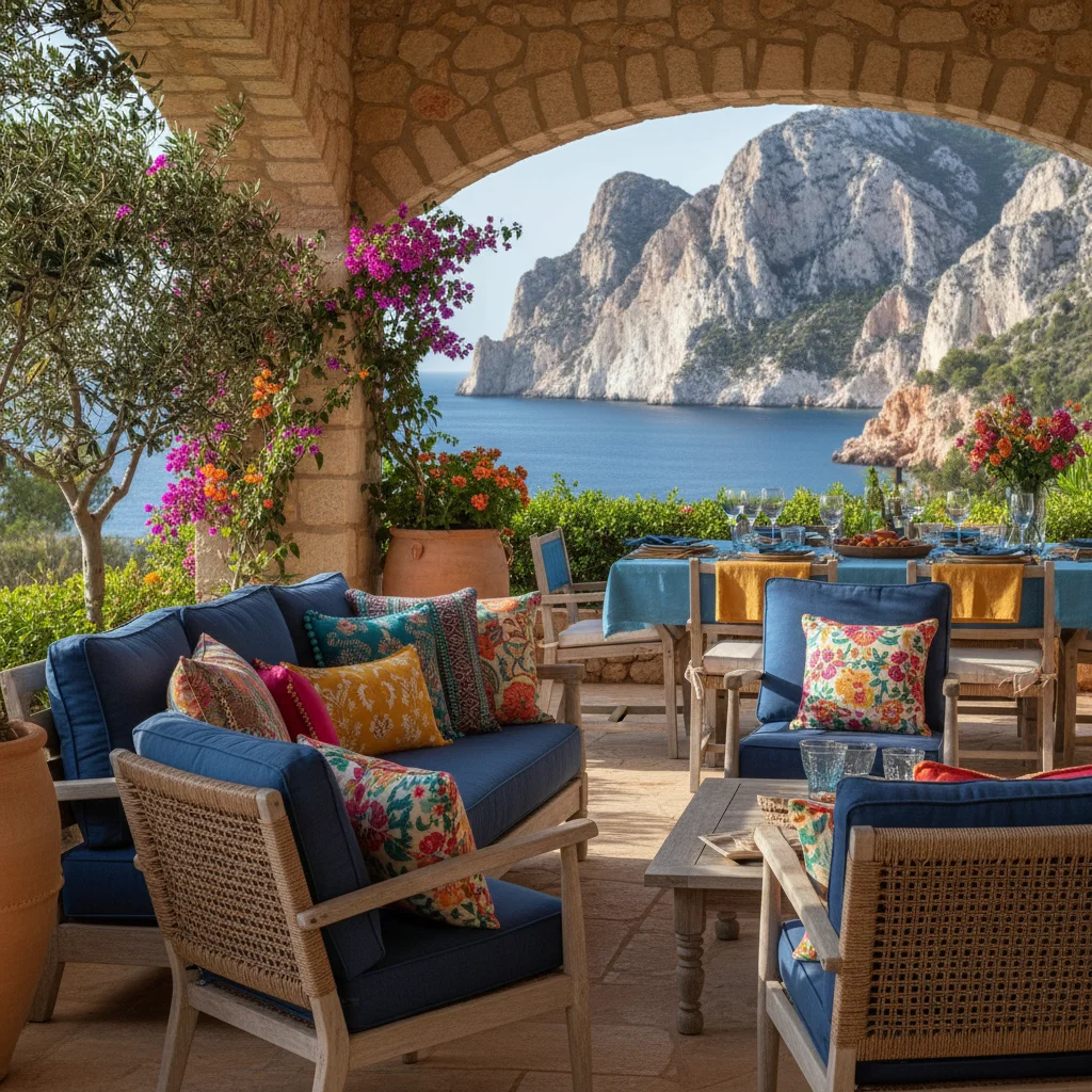 Outdoor Cushions & Textiles setup on a Mediterranean terrace in Benitachell, Costa Blanca