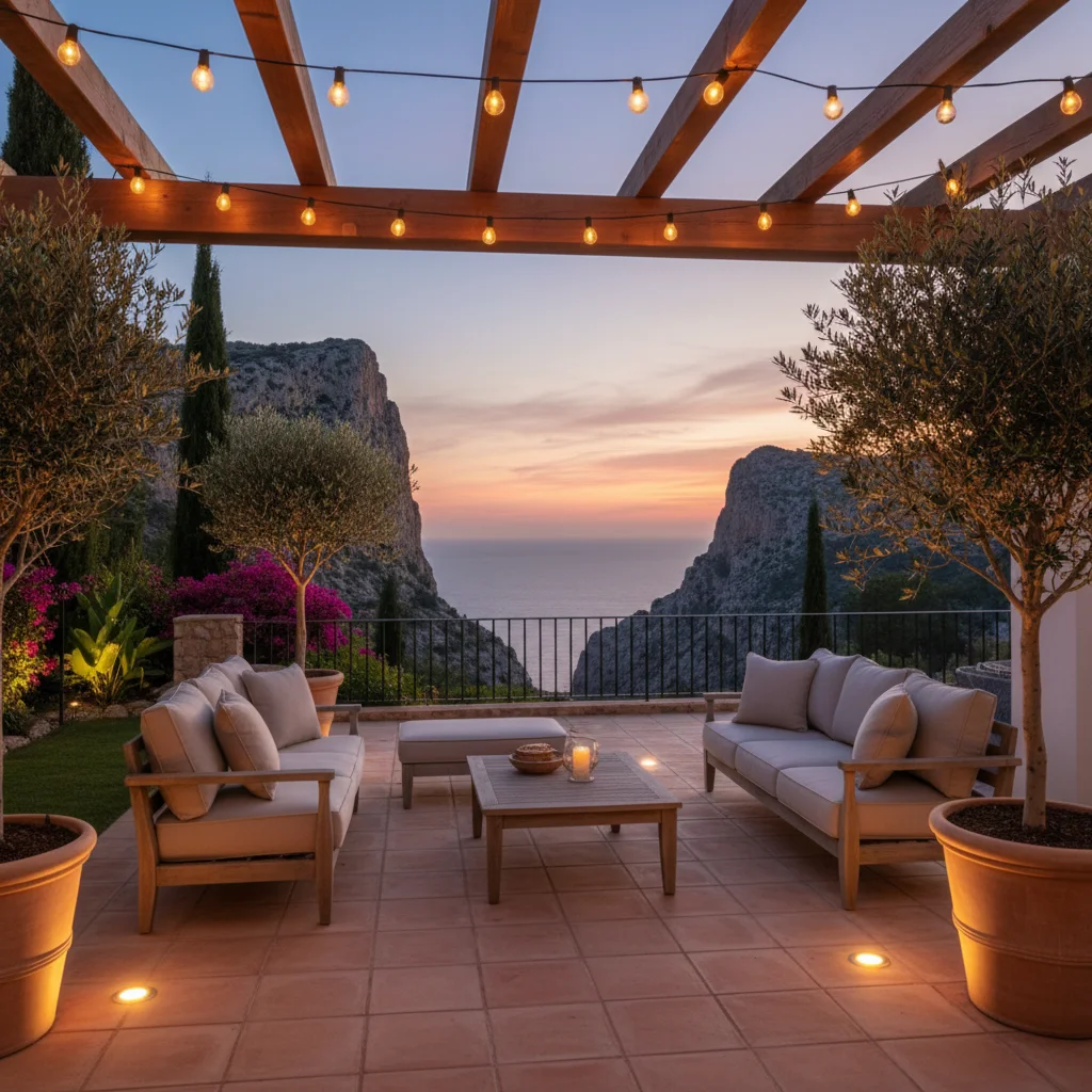 Buitenverlichting opstelling op een mediterraan terras in Benitachell, Costa Blanca