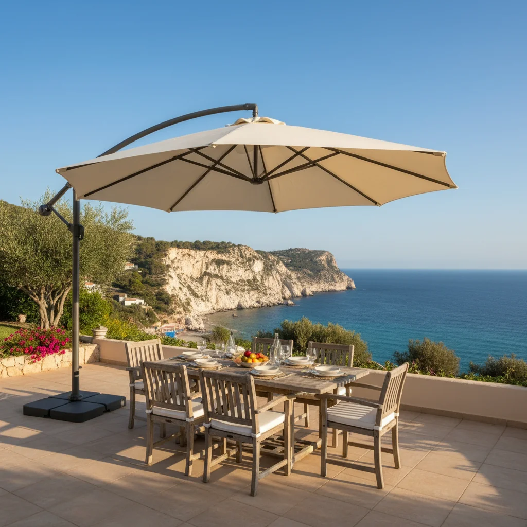 Parasols & Shade Sails setup on a Mediterranean terrace in Benitachell, Costa Blanca