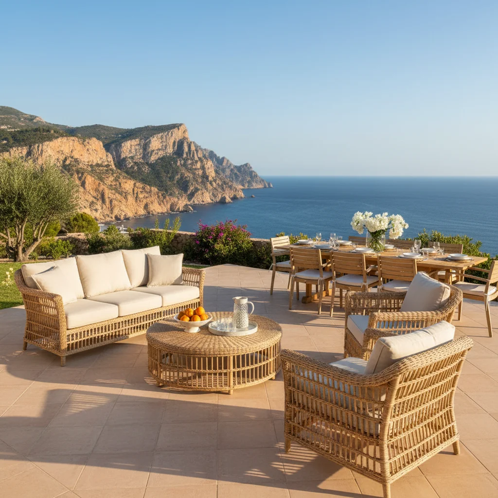 Rattan Lounge Sets setup on a Mediterranean terrace in Benitachell, Costa Blanca