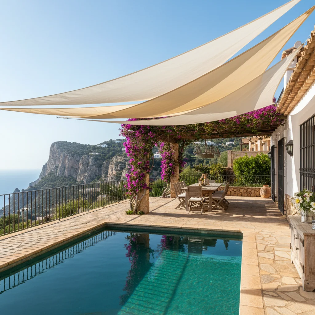Shade Sails setup on a Mediterranean terrace in Benitachell, Costa Blanca