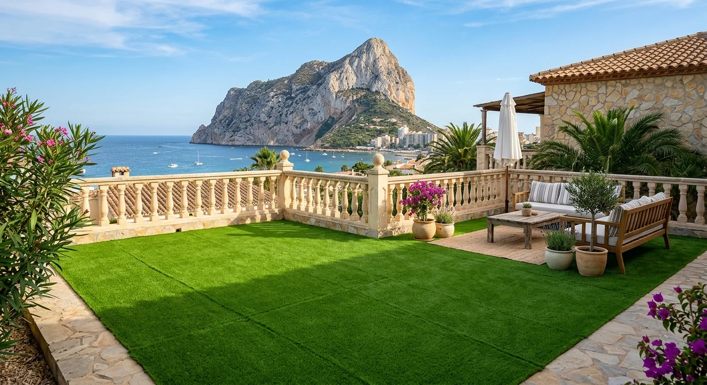 Artificial Grass & Landscaping setup on a Mediterranean terrace in Calpe, Costa Blanca