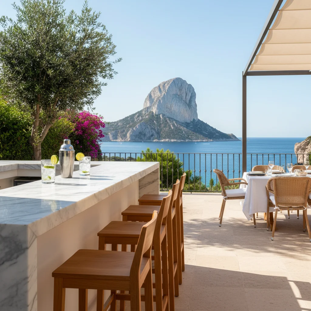 Barmeubilair opstelling op een mediterraan terras in Calpe, Costa Blanca