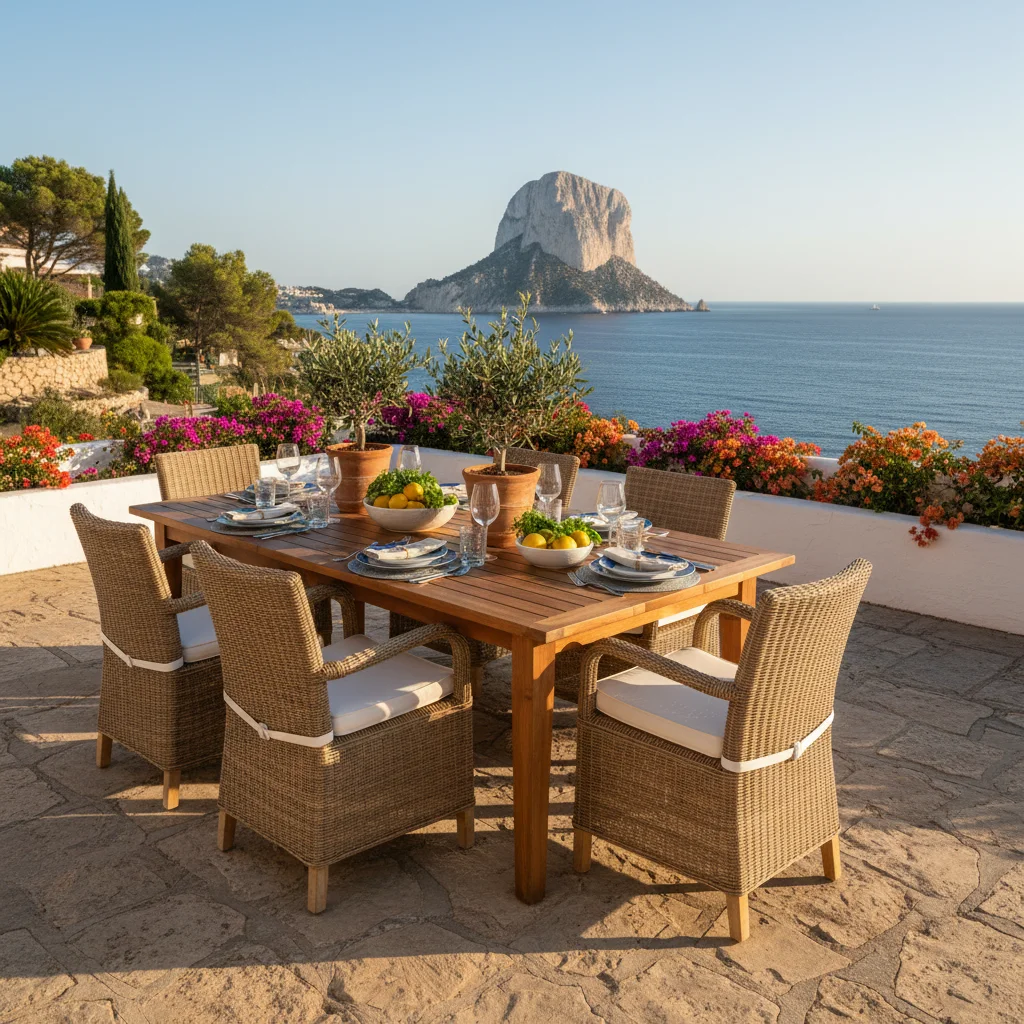 Outdoor Dining Sets setup on a Mediterranean terrace in Calpe, Costa Blanca