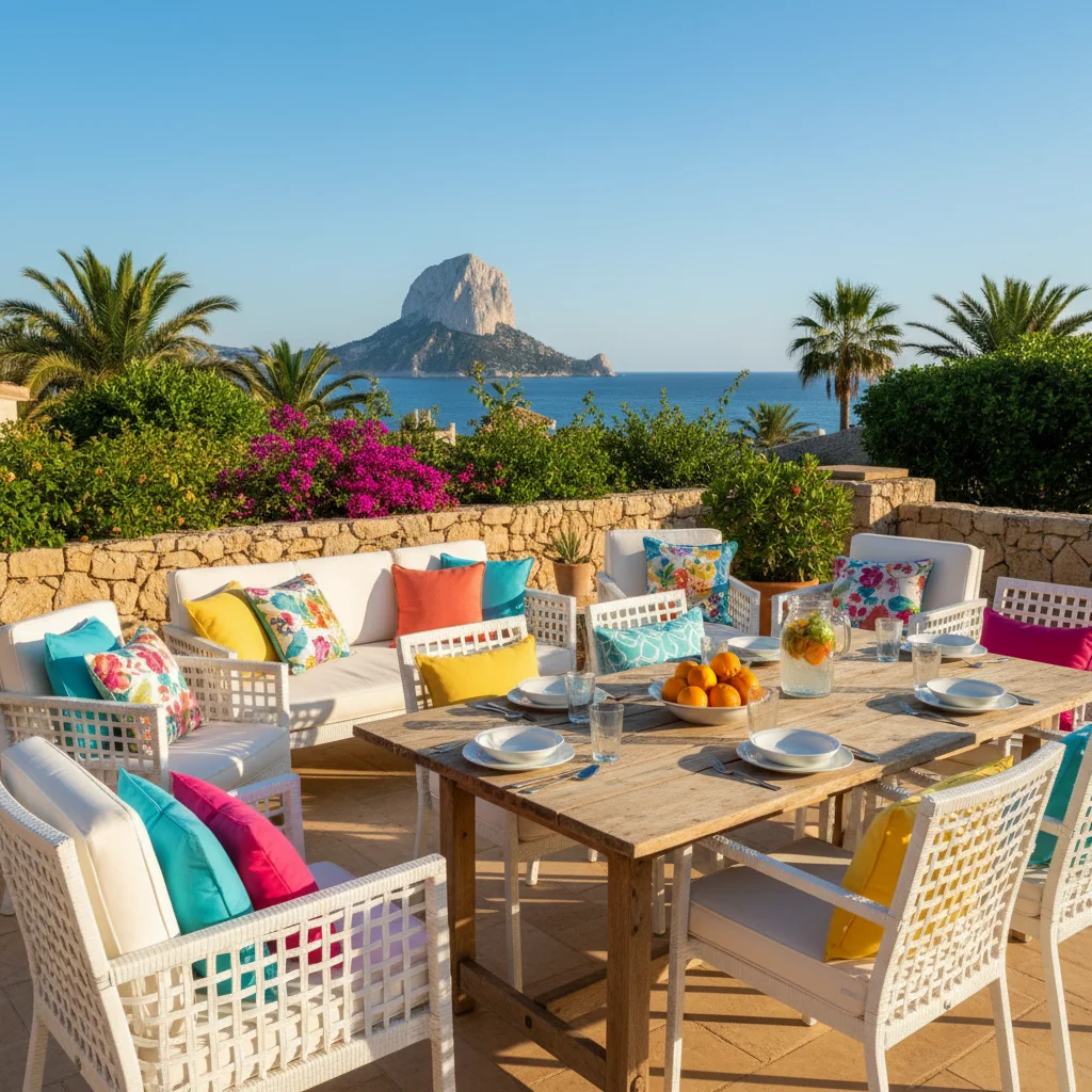 Outdoor Cushions & Textiles setup on a Mediterranean terrace in Calpe, Costa Blanca