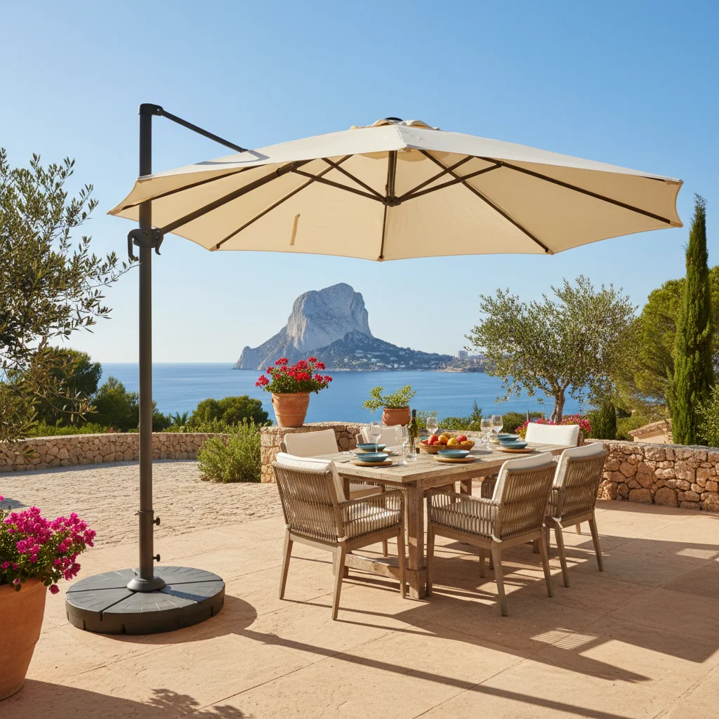 Parasols & Shade Sails setup on a Mediterranean terrace in Calpe, Costa Blanca