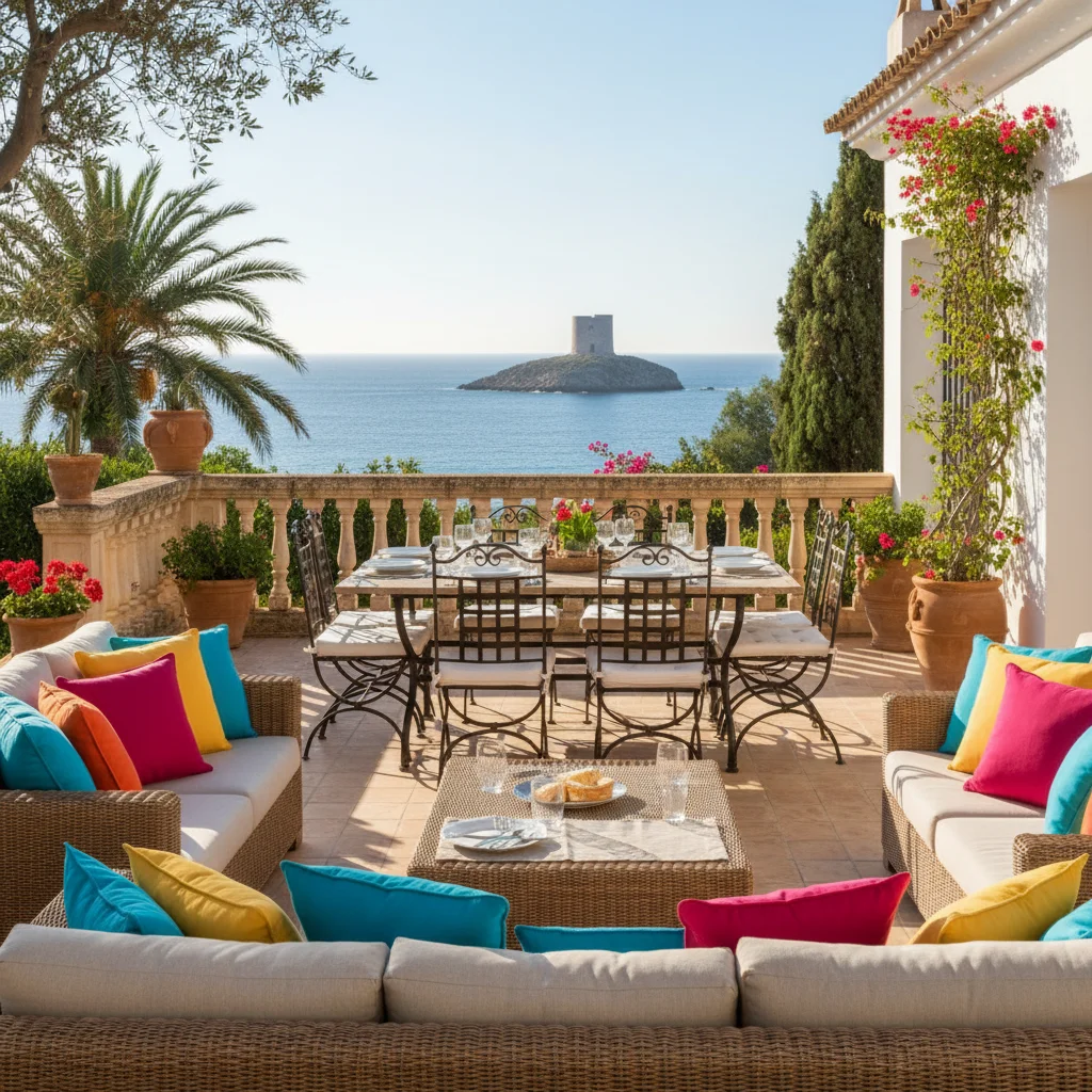 Outdoor Cushions & Textiles setup on a Mediterranean terrace in El Campello, Costa Blanca