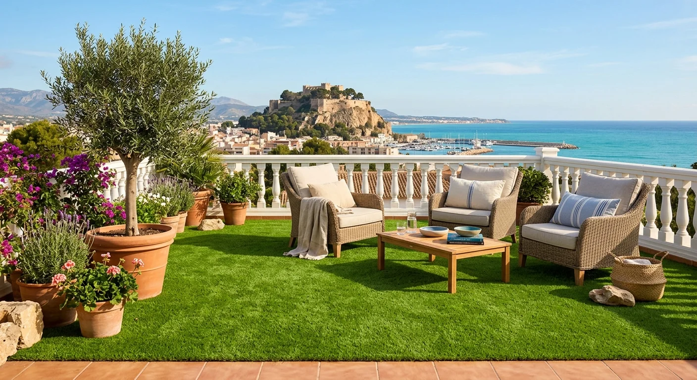 Artificial Grass & Landscaping setup on a Mediterranean terrace in Dénia, Costa Blanca