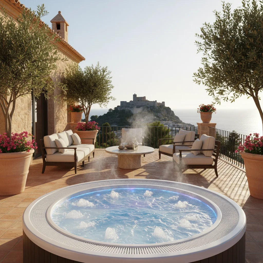 Jacuzzi's opstelling op een mediterraan terras in Dénia, Costa Blanca
