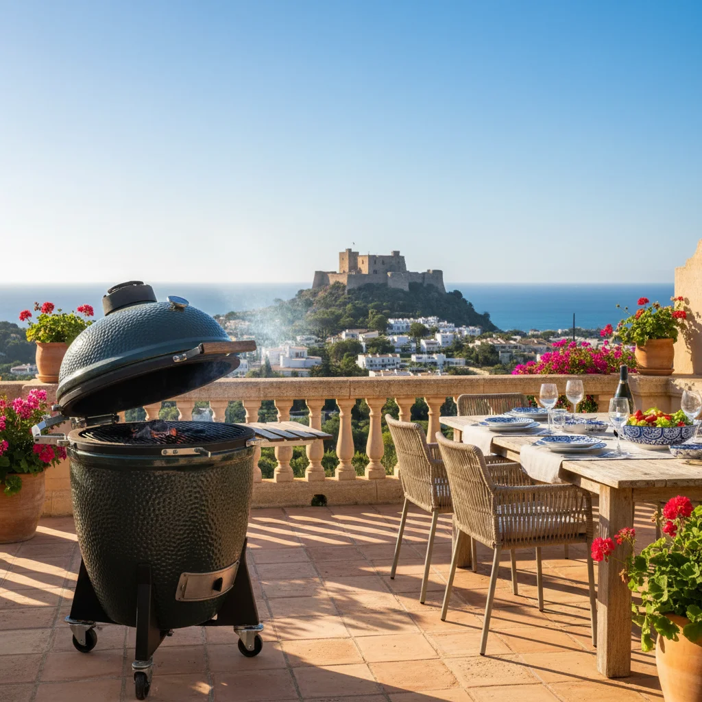 Kamado BBQs setup on a Mediterranean terrace in Dénia, Costa Blanca