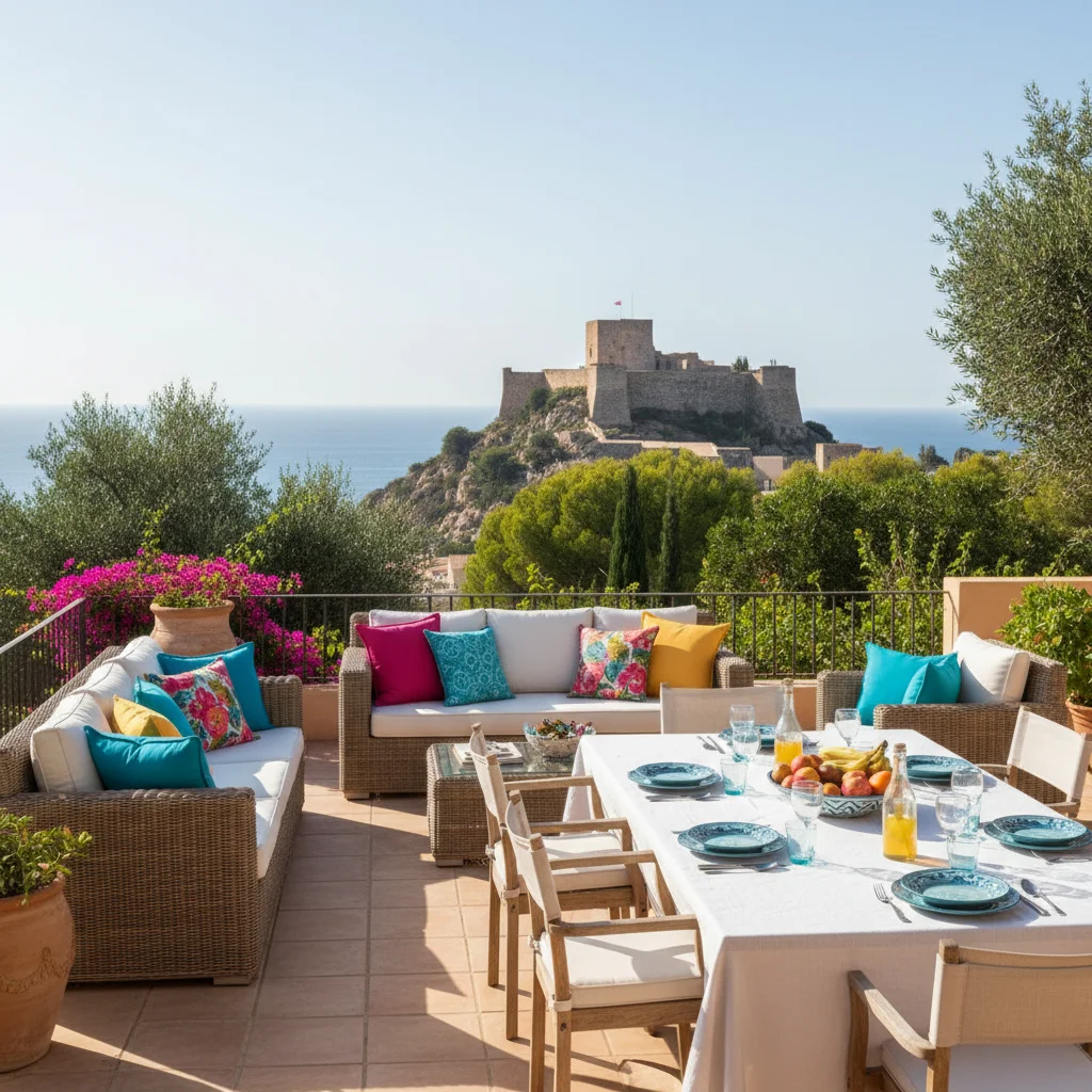 Outdoor Cushions & Textiles setup on a Mediterranean terrace in Dénia, Costa Blanca