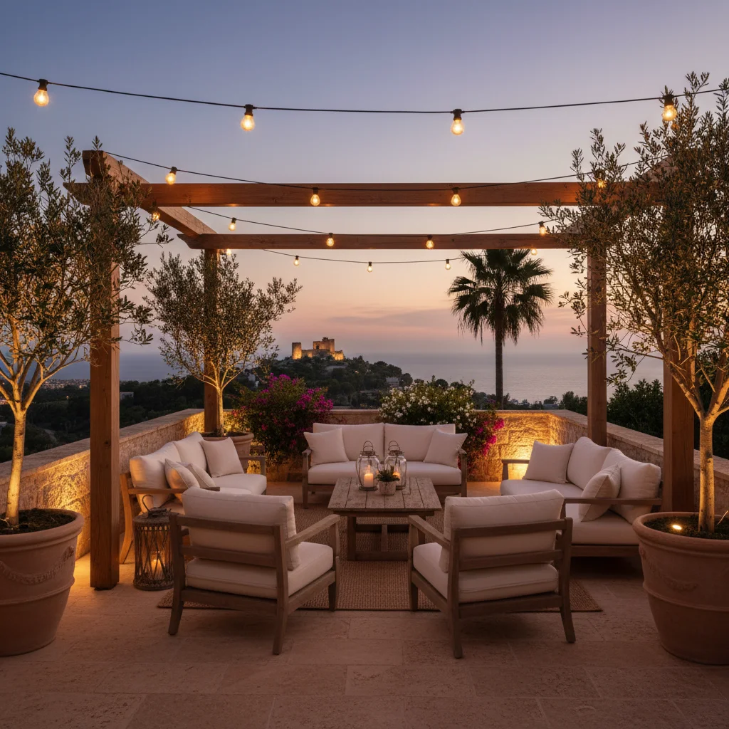 Buitenverlichting opstelling op een mediterraan terras in Dénia, Costa Blanca