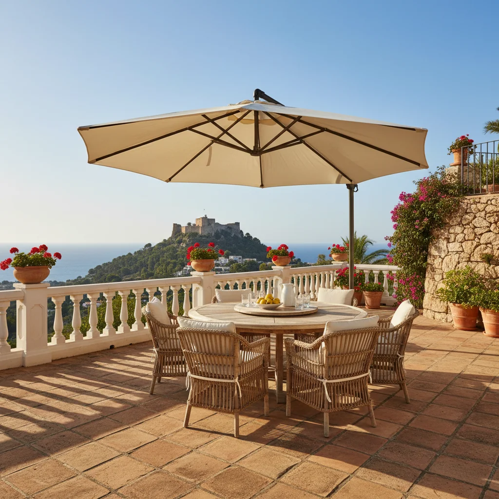 Parasols & Shade Sails setup on a Mediterranean terrace in Dénia, Costa Blanca