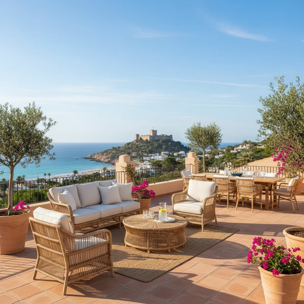 Rattan Lounge Sets setup on a Mediterranean terrace in Dénia, Costa Blanca