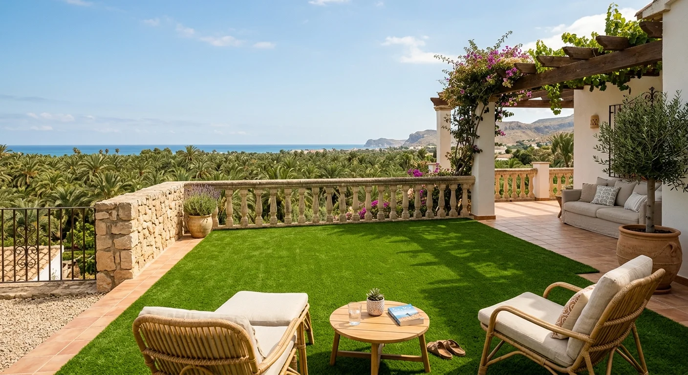 Artificial Grass & Landscaping setup on a Mediterranean terrace in Elche, Costa Blanca