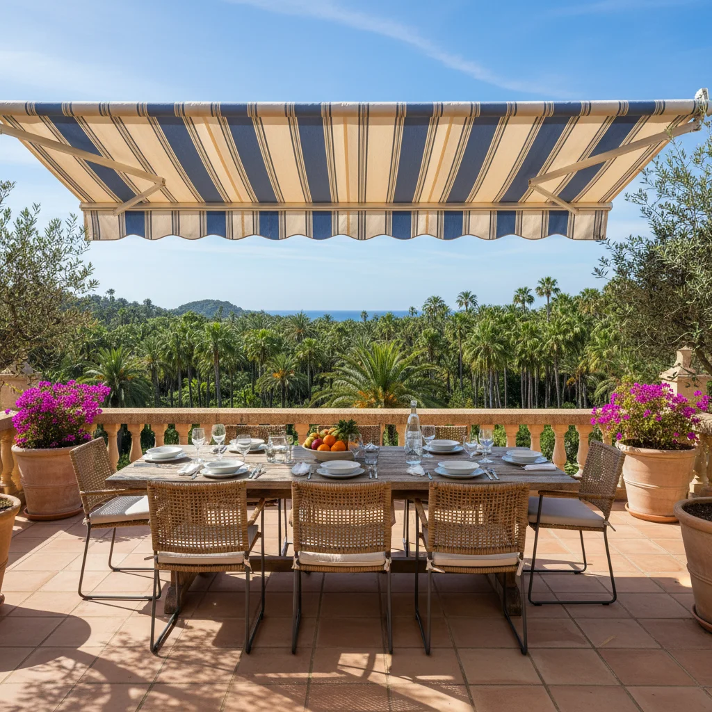 Zonneschermen opstelling op een mediterraan terras in Elche, Costa Blanca