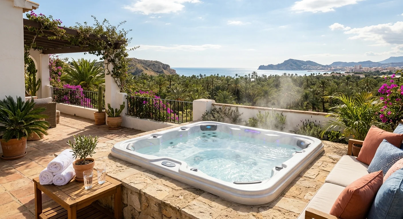 Instalación de jacuzzis y spas en una terraza mediterránea en Elche, Costa Blanca