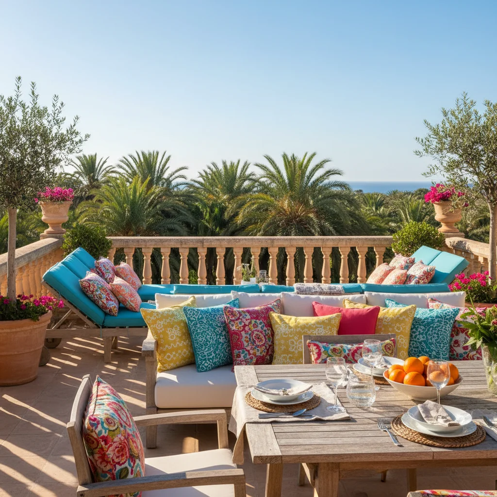 Buitenkussens opstelling op een mediterraan terras in Elche, Costa Blanca