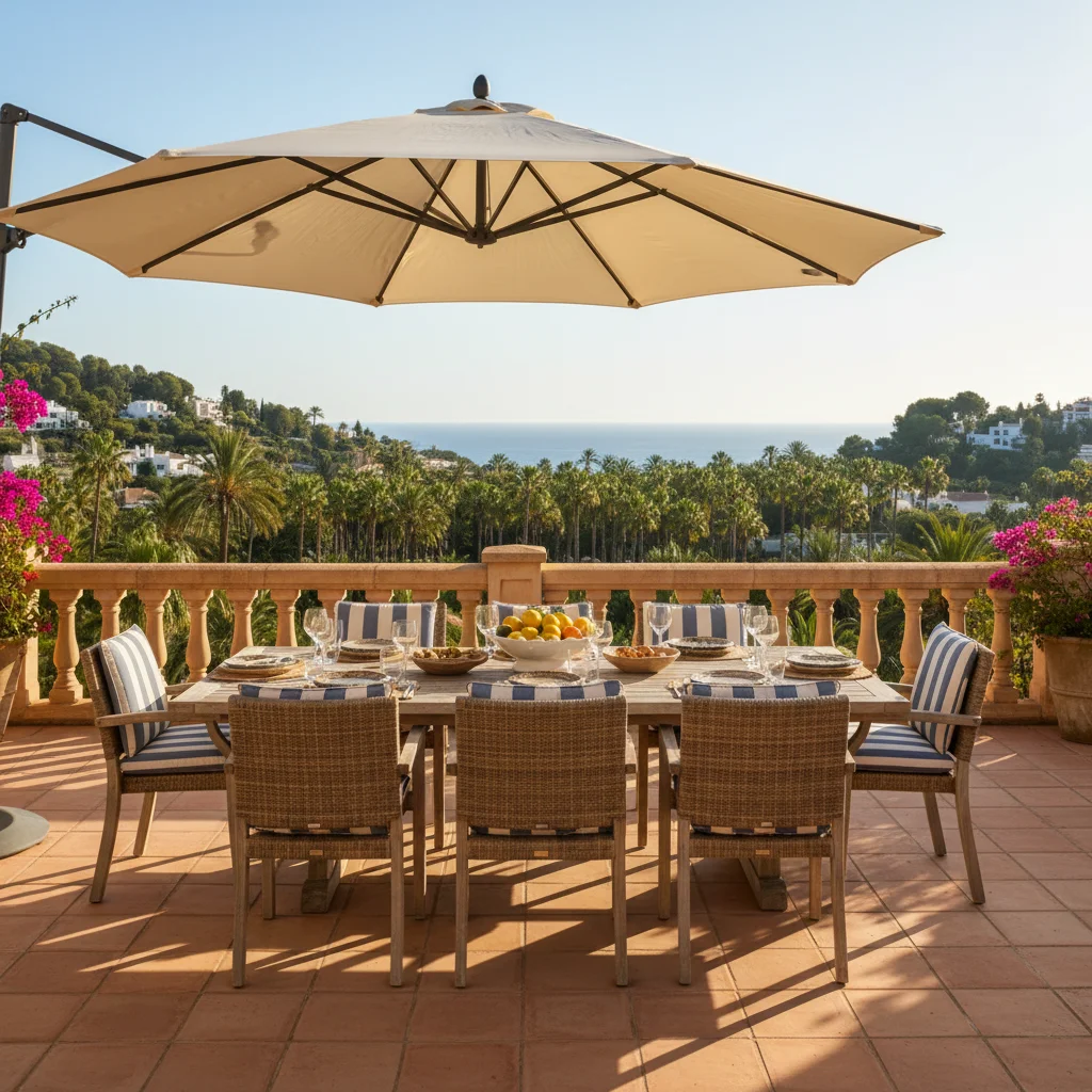 Parasols opstelling op een mediterraan terras in Elche, Costa Blanca
