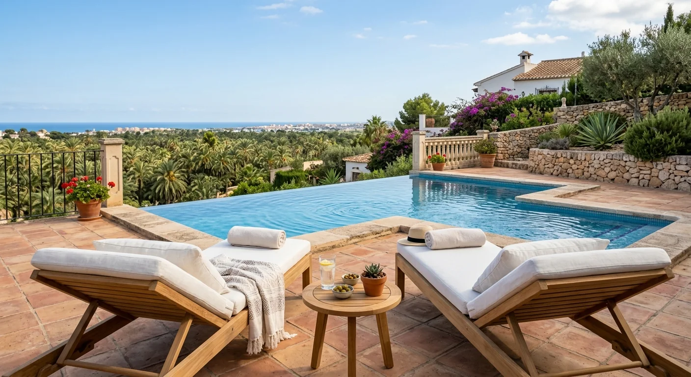Instalación de tumbonas y daybeds en una terraza mediterránea en Elche, Costa Blanca