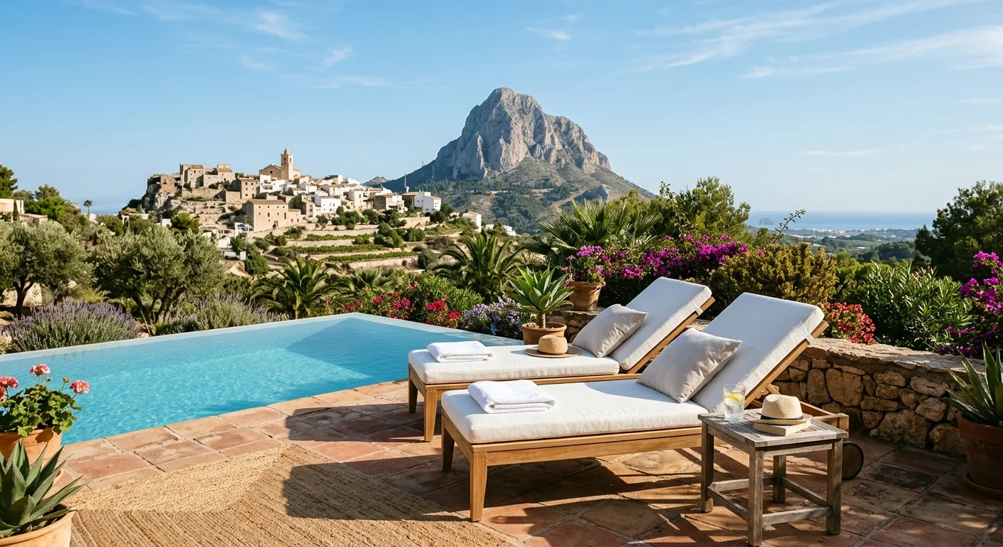 Ligbedden opstelling op een mediterraan terras in Finestrat, Costa Blanca