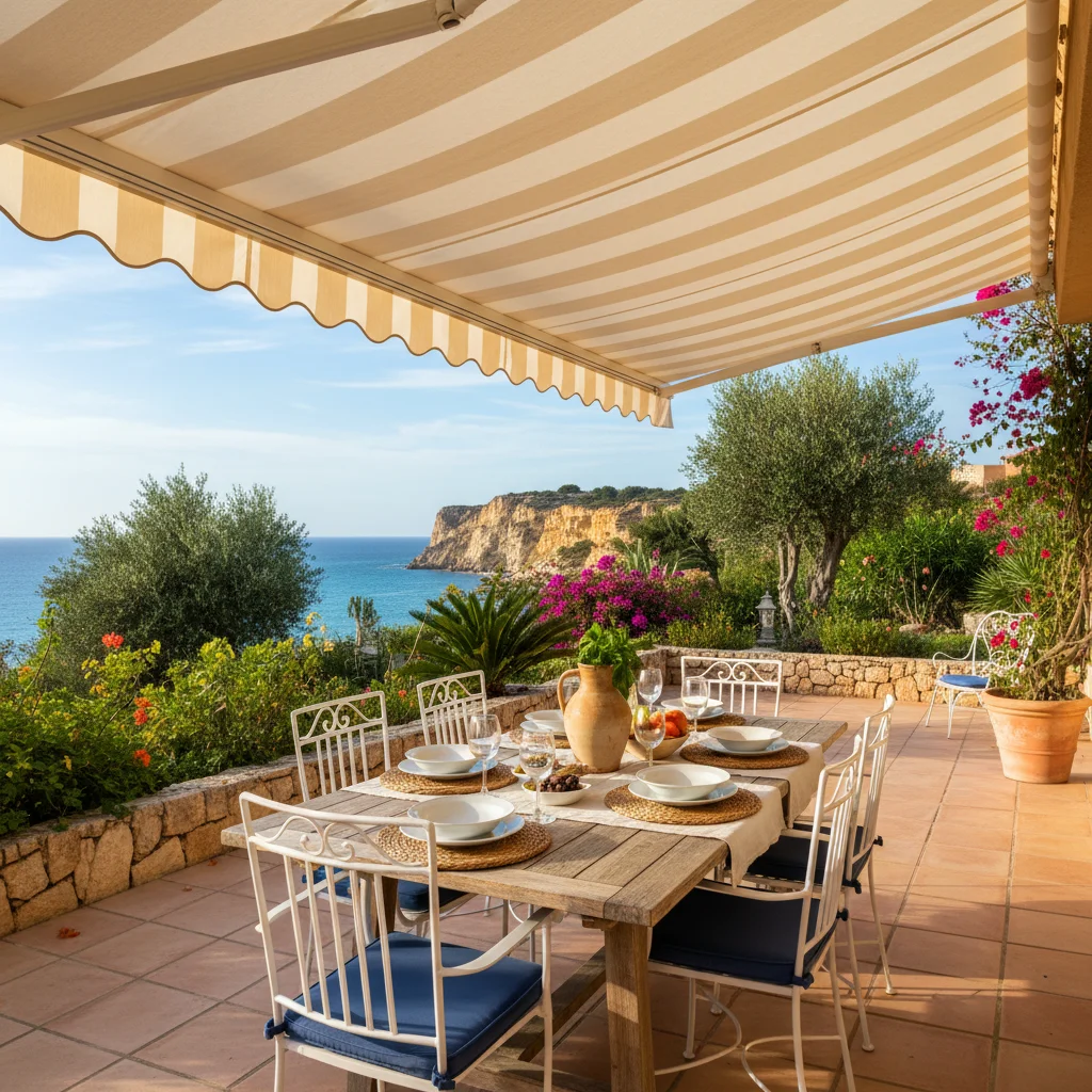Zonneschermen opstelling op een mediterraan terras in Gran Alacant, Costa Blanca