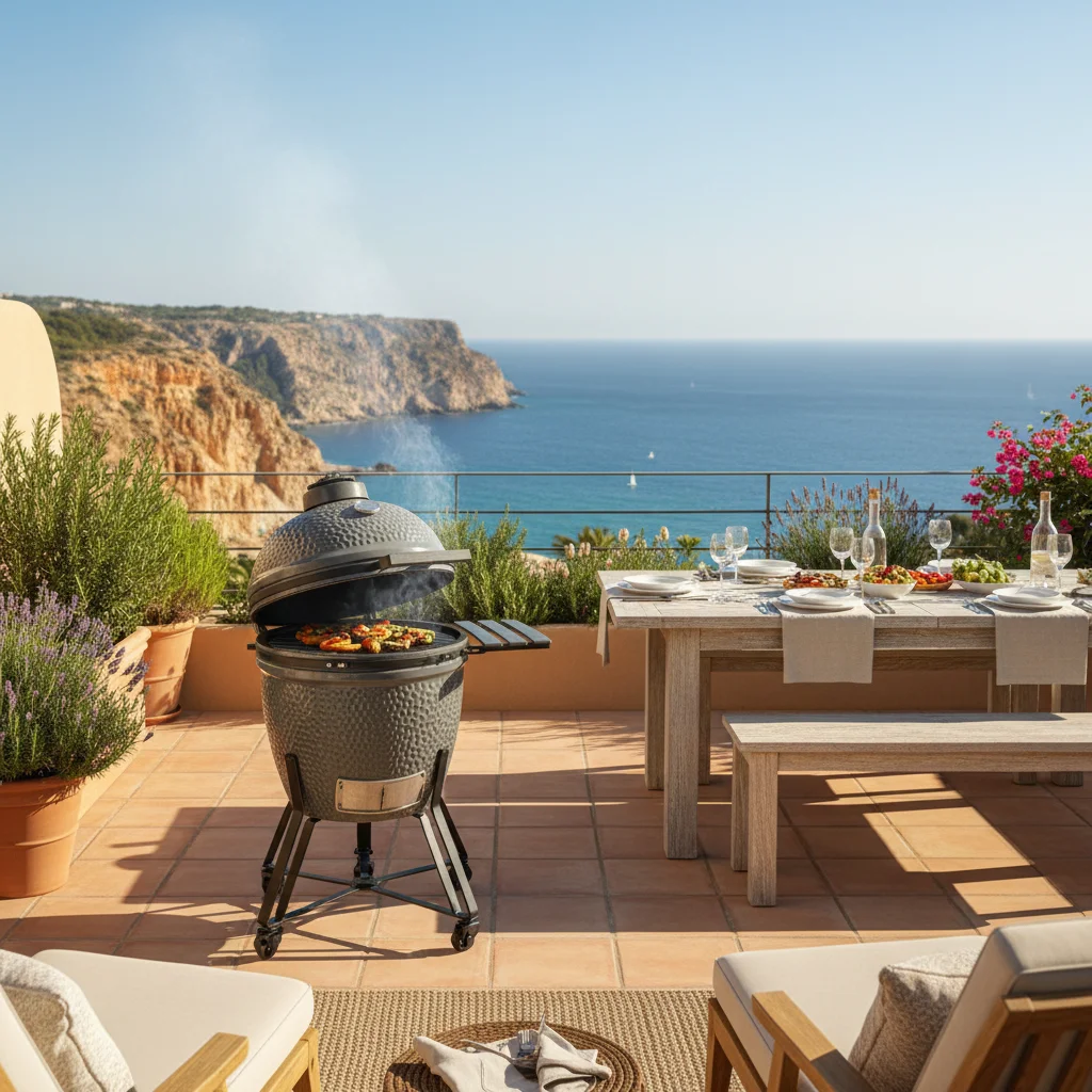 Kamado BBQs setup on a Mediterranean terrace in Gran Alacant, Costa Blanca