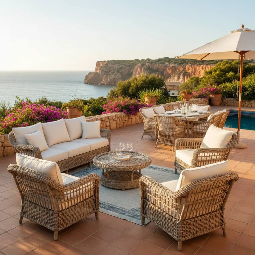 Installation de salons de jardin en rotin sur une terrasse méditerranéenne à Gran Alacant, Costa Blanca