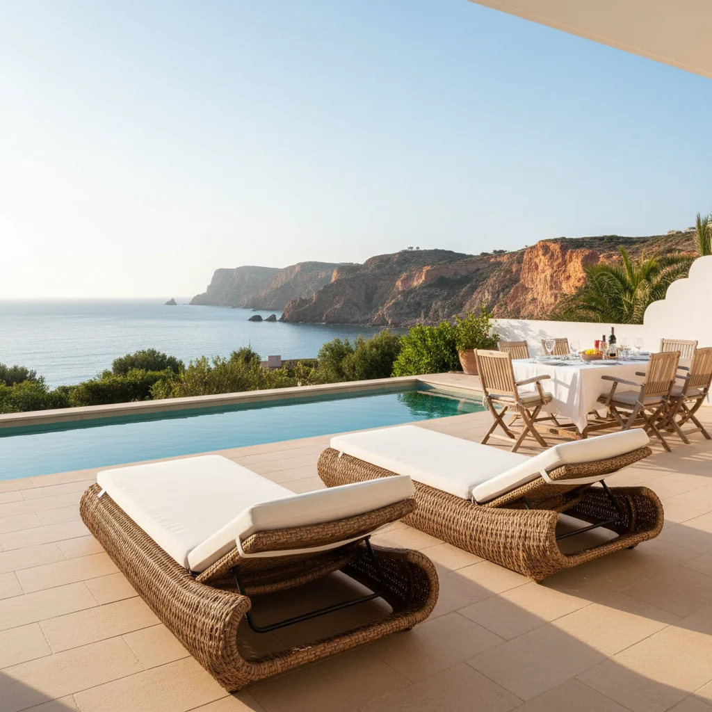 Ligbedden opstelling op een mediterraan terras in Gran Alacant, Costa Blanca
